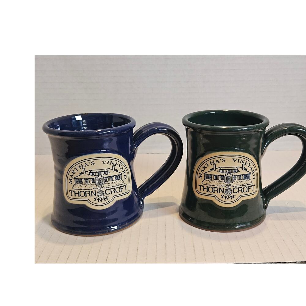New Daneen Pottery Mugs Navy Green Embossed Thorncroft Inn at Martha's Vineyard